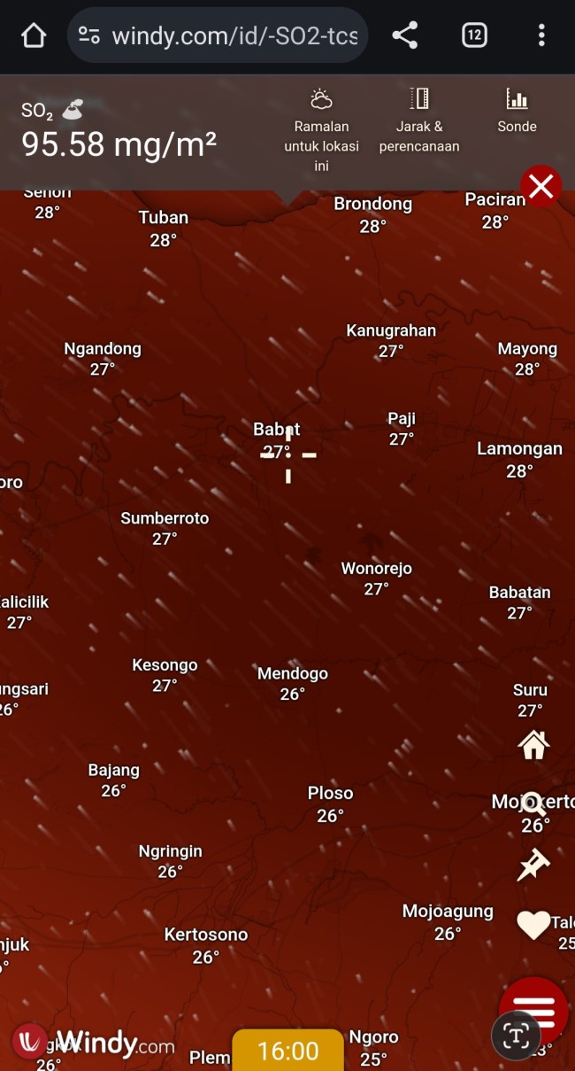 Sebaran SO2 di Lamongan tinggi. (Foto: Windy.com)