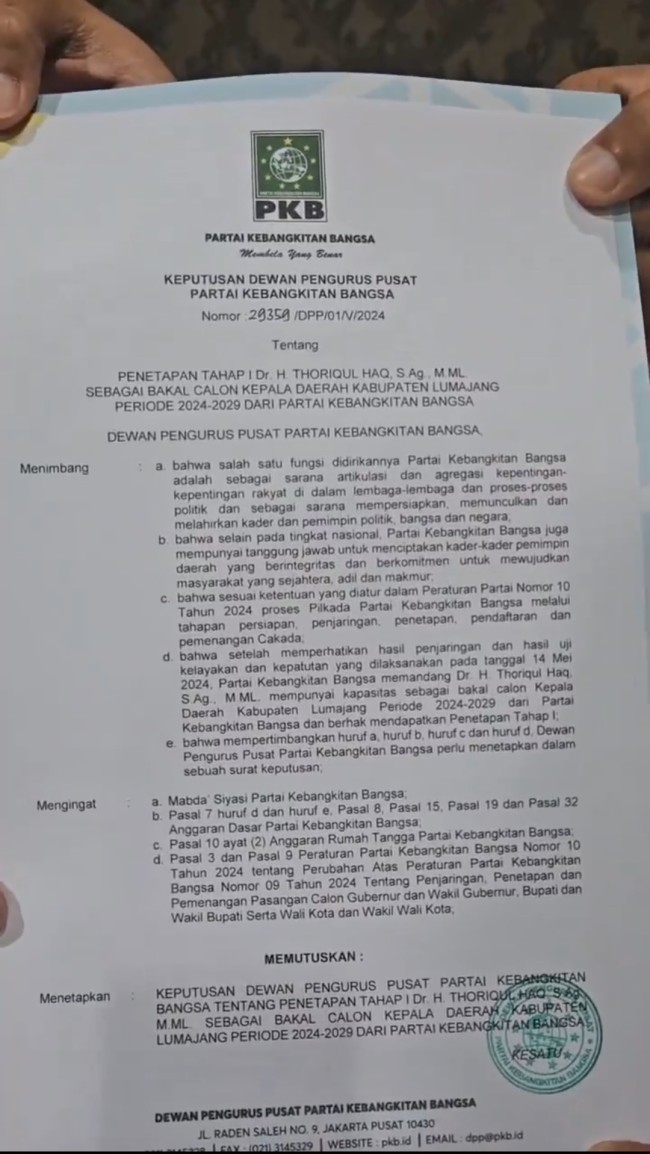 Surat rekomendasi dari DPP PKB Lumajang untuk Cak Thoriq. (Foto: X @thoriqul_haq)